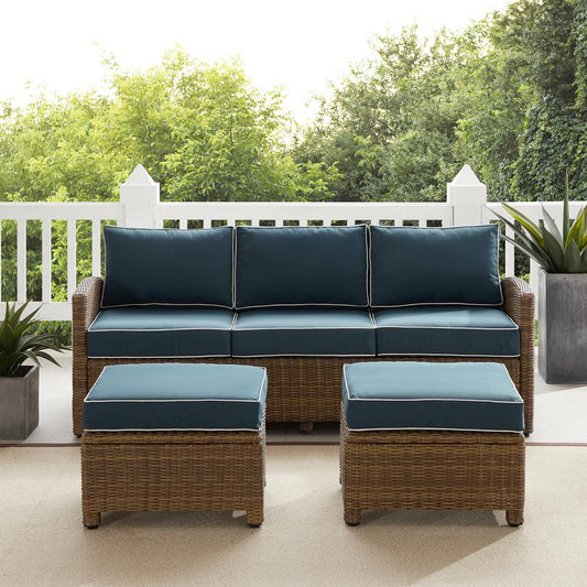 Bradenton 3Pc Wicker Outdoor Sofa Patio Furniture Set - Sofa & 2 Ottomans