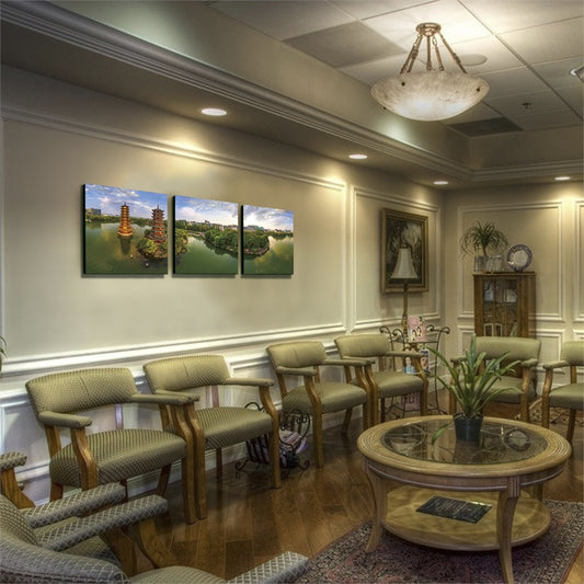 SeniA Sun & Moon Twin Pagodas 3-Panel MDF Framed Photography Triptych Print, 48 x 16-inch