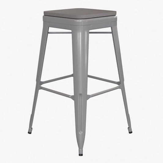 Cierra Set of 4 Commercial Grade 30" High Backless Silver Metal Indoor Bar Height Stools with Gray All-Weather Poly Resin Seats