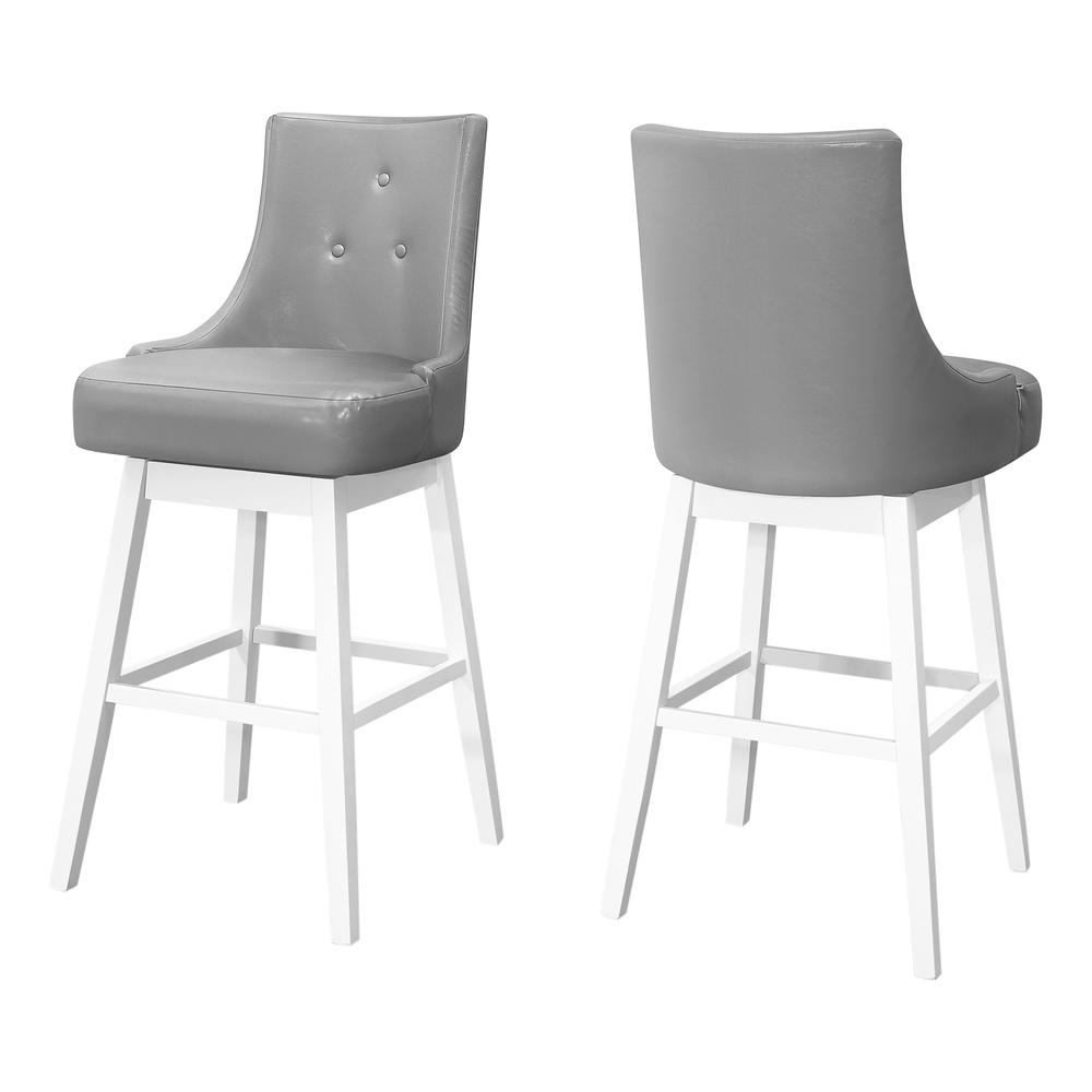 Bar Stool, Set Of 2, Swivel, Bar Height, White Wood, Grey Leather Look