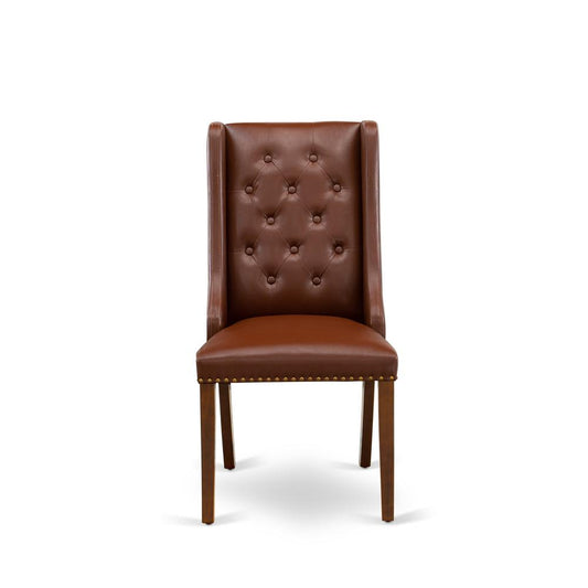 FOP3T46 Kitchen Parson Chairs - Brown Linen Fabric Upholstered Dining Chairs and Button Tufted Back with Mahogany Rubber Wood Legs - Dining Room Chairs Set of 2 - Set of 2