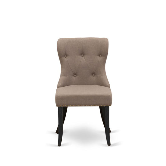 East West Furniture - Set of 2 - Dining Room Chair- Upholstered Dining Chairs Includes Wirebrushed Black Wooden Frame with Coffee Linen Fabric Seat with Nail Head and Button Tufted Back