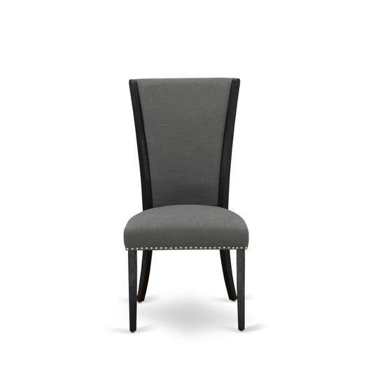 East West Furniture - Set of 2 - Dining Room Chairs- Wooden Chair Includes Black Wooden Structure with Dark Gotham Grey Linen Fabric Seat with Nail Head and Stylish Back