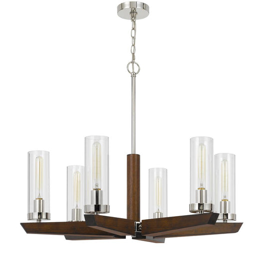 60W x 6 Ercolano pine wood/metal chandelier with clear glass shade