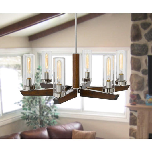 60W x 6 Ercolano pine wood/metal chandelier with clear glass shade