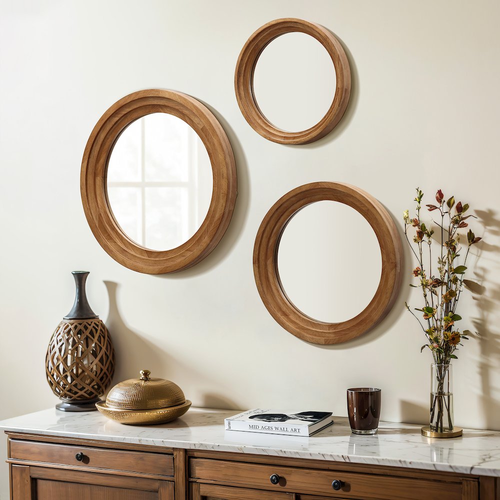 3-Piece Round Rubberwood Frame Accent Wall Mirror Set