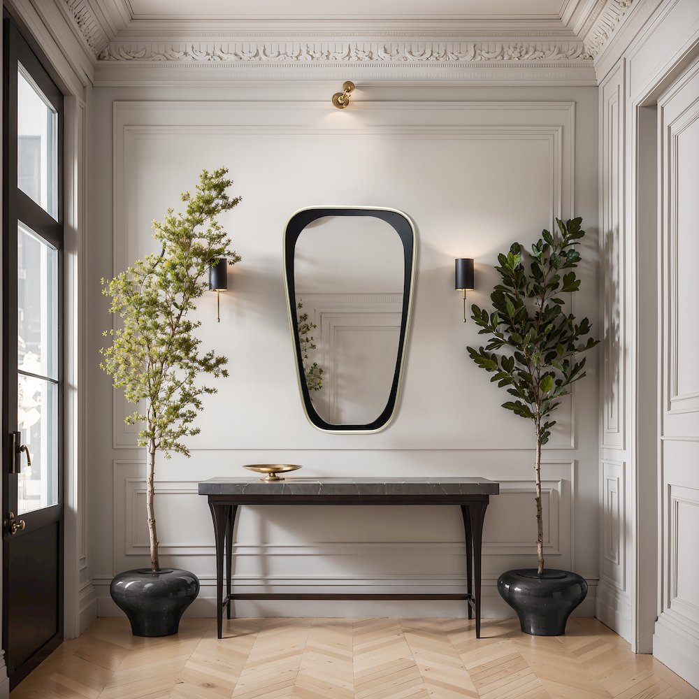 30-Inch Tall Oblong Slim Black with Gold Iron Metal Frame Wall Mirror