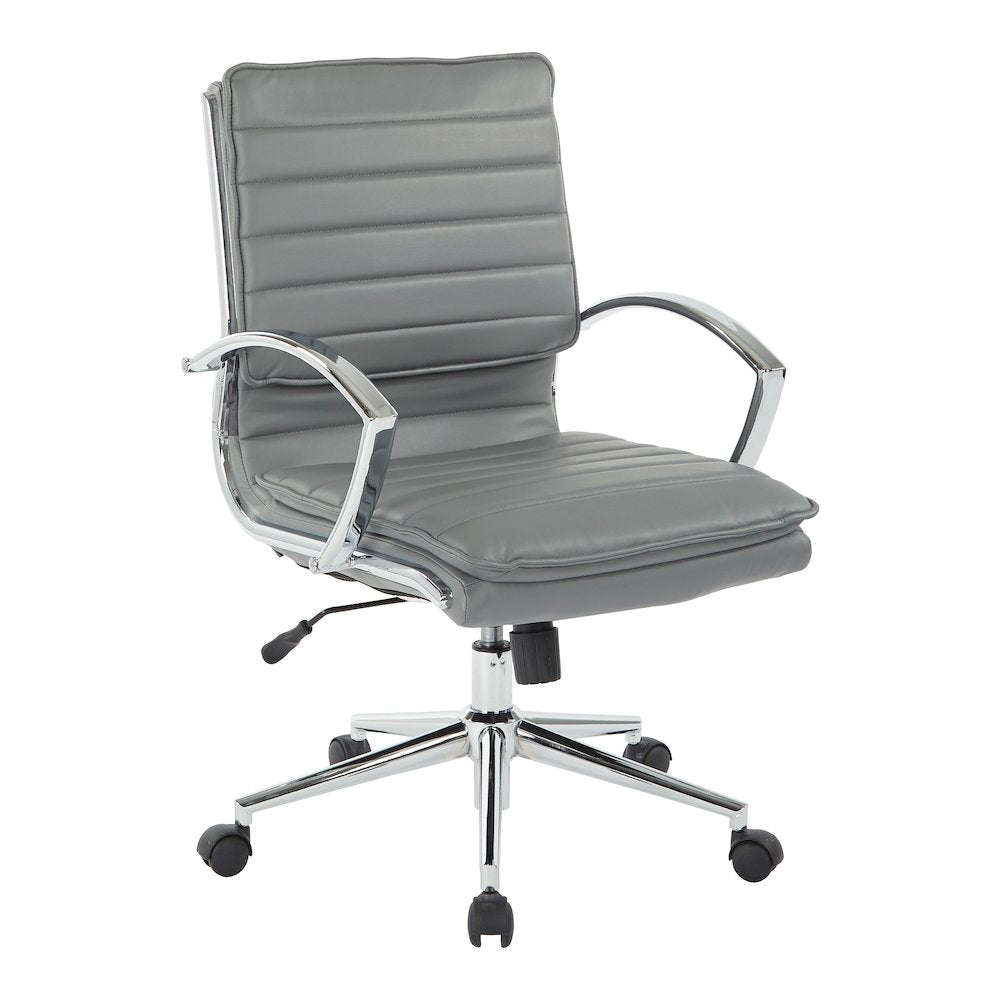 Mid-Back Manager’s Faux Leather Chair with Chrome Base, Removable Arm Sleeves.