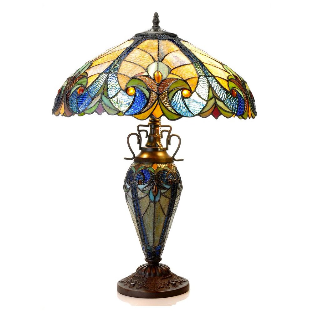 LIAISON Tiffany-style 3 Light Victorian Double Lit Table Lamp 18" Shade