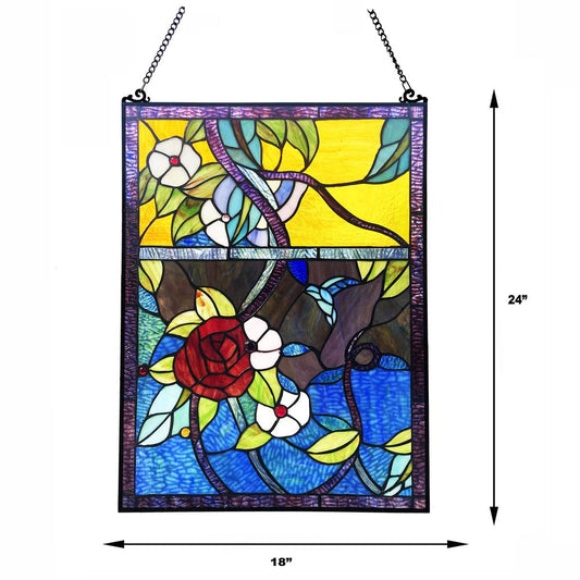 Rose Floral-Style Black Finish Stained Glass Window Panel 24" Tall