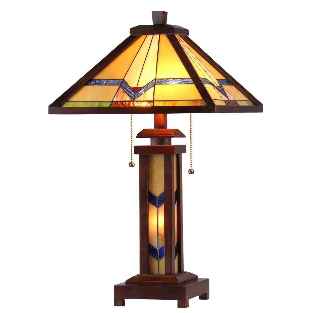 ALEXANDER Tiffany-style 3 Light Mission Double Lit Wooden Table Lamp 15" Shade