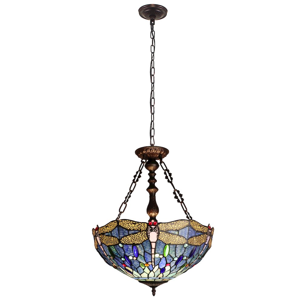 Sunniva Dragonfly Tiffany-Style 3-Light Inverted Ceiling Pendant 18" Shade