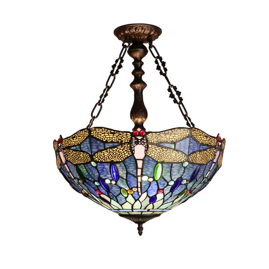 Sunniva Dragonfly Tiffany-Style 3-Light Inverted Ceiling Pendant 18" Shade