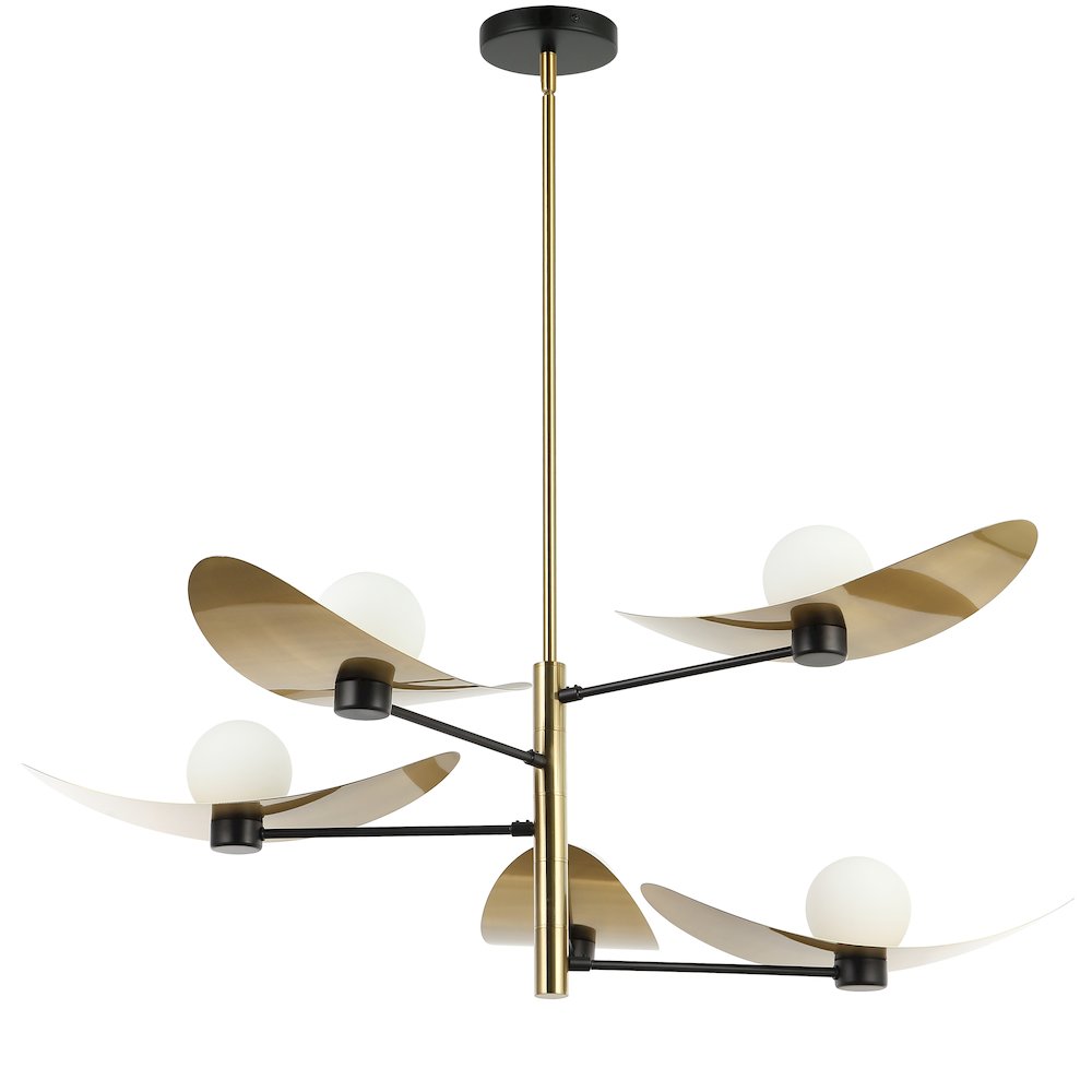 5 Light Aged Brass & Matte Black Chandelier w/ Opal Glass
