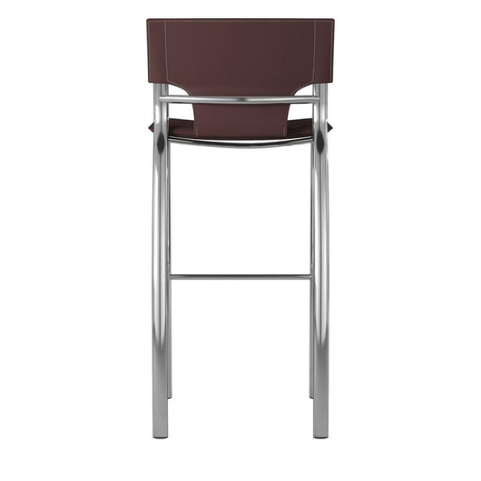 Dark Brown Leather Bar Stool, Chrome Base, 25"Seat High, Set Of 2
