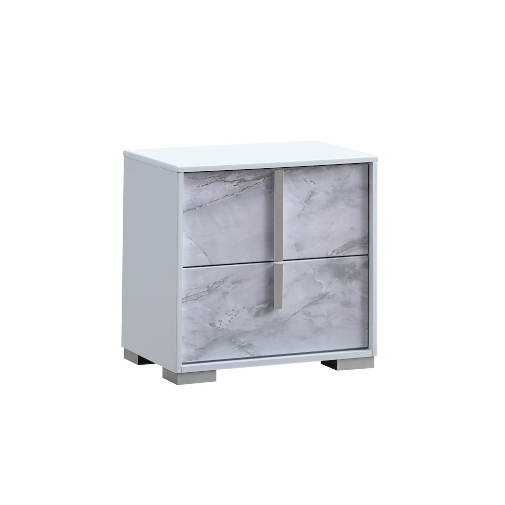 22" Wide 2-Drawer Nightstand, White Lacquered Gloss, White Faux Marble