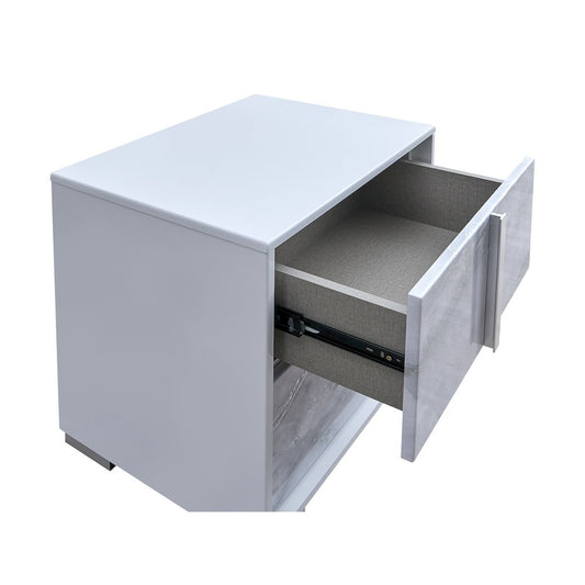 22" Wide 2-Drawer Nightstand, White Lacquered Gloss, White Faux Marble