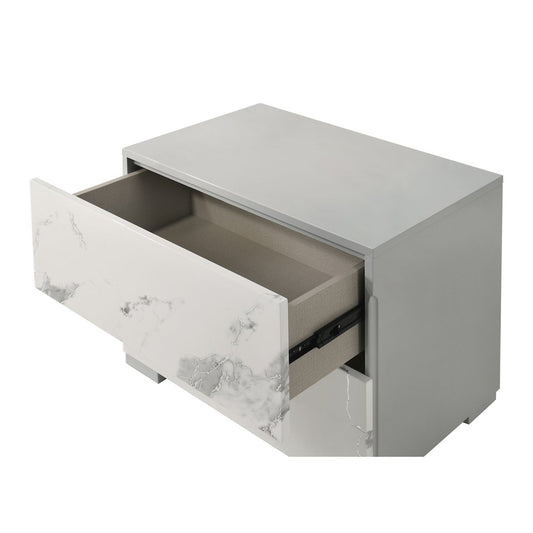 24" Wide 2-Drawer Nightstand, Faux Marble Front, Lacquered Gloss Frame
