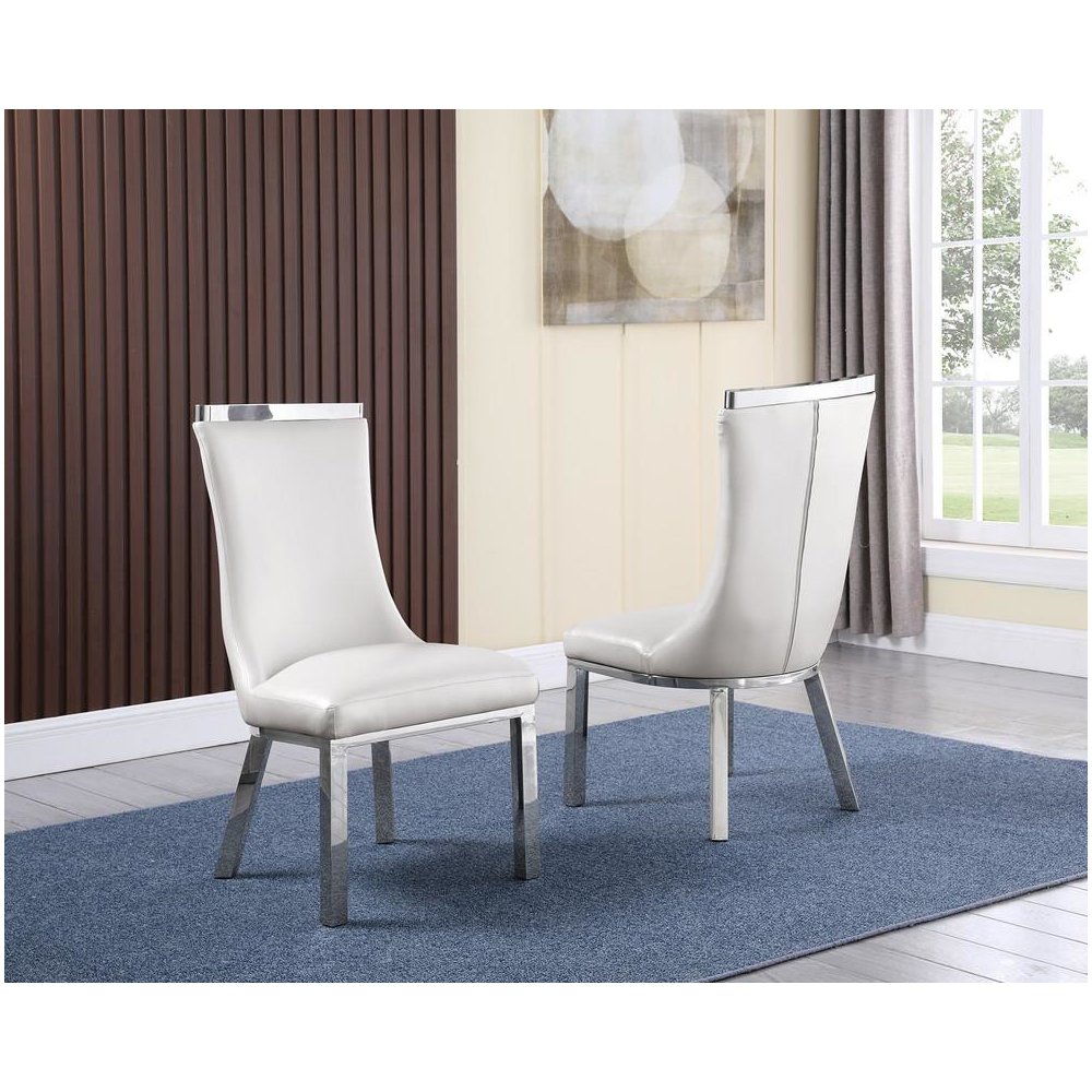 Upholstered dining chiars set of 2 in White faux leather with stainless steel base