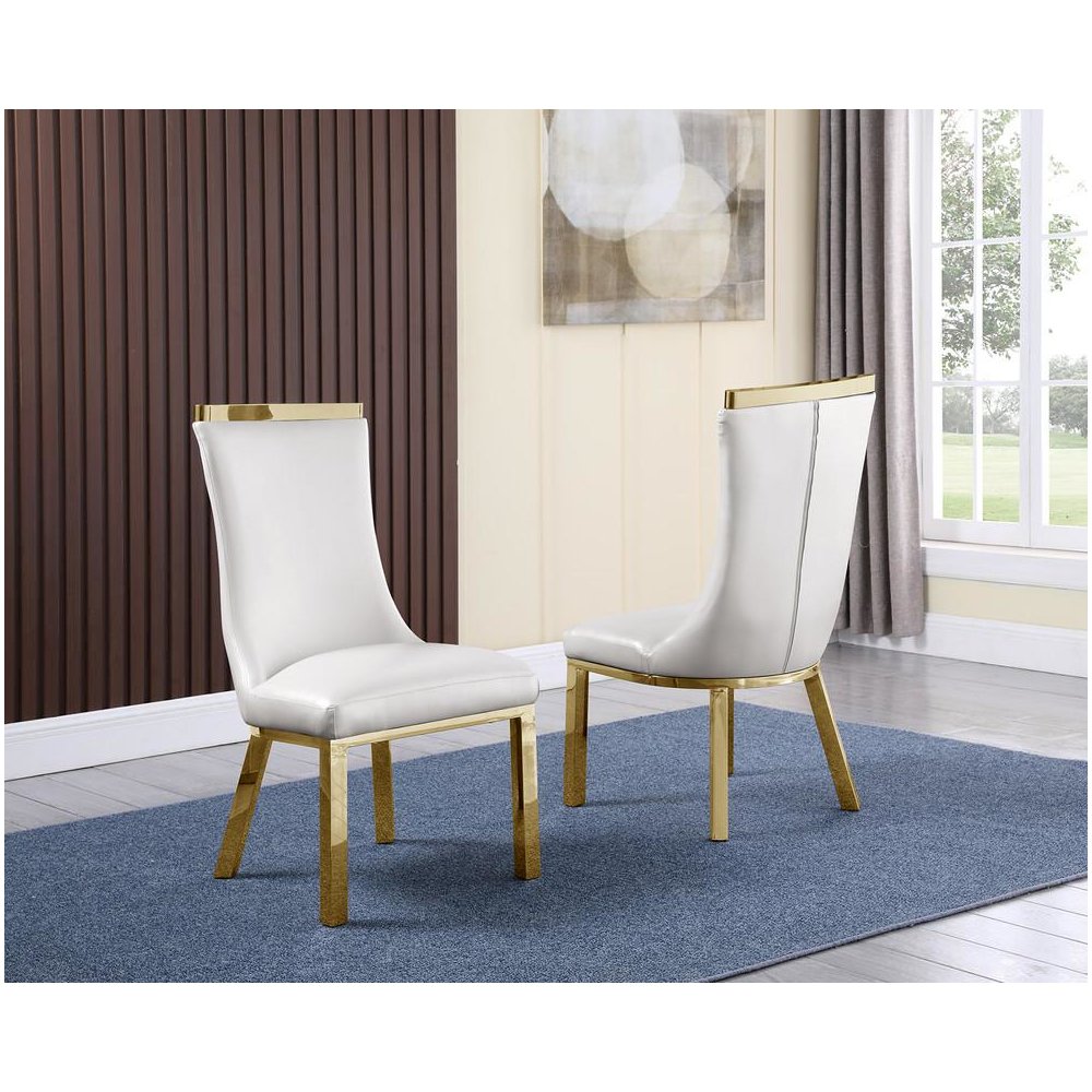 Upholstered dining chairs set of 2 in White faux leather with gold colored stainless steel base