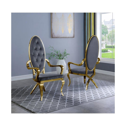 Velvet Arm Chair Set of 2, Stainless Steel Gold Legs, Dark grey