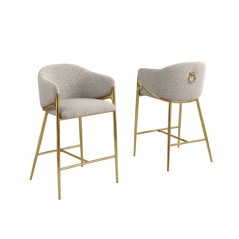 Gray barstools (29") in boucle fabric and gold chrome base (SET OF 2)