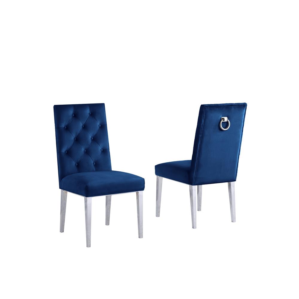 Navy Bue Velvet Tufted Dining Side Chairs, Chrome Legs - Set of 2