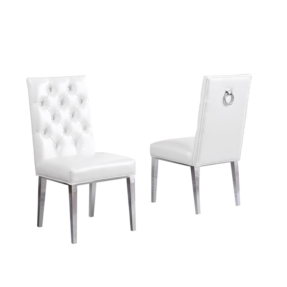 White Faux Leather Tufted Dining Side Chairs, Chrome Legs - Set of 2
