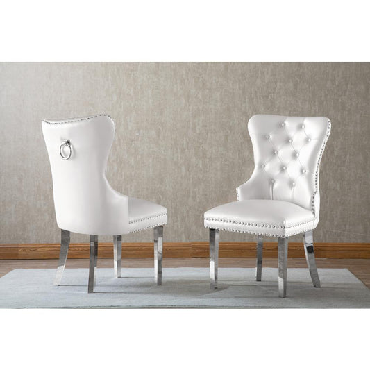 White Faux Leather Tufted Dining Side Chairs, Stainless Steel Legs - Set of 2