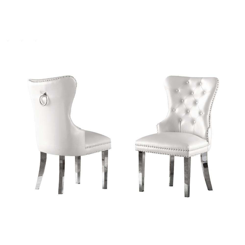 White Faux Leather Tufted Dining Side Chairs, Stainless Steel Legs - Set of 2