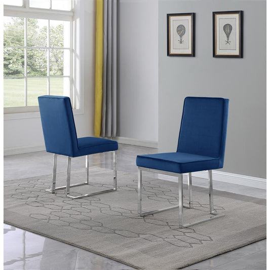 Navy Blue Velvet Upholstered Dining Side Chairs, Chrome Base, Set of 2