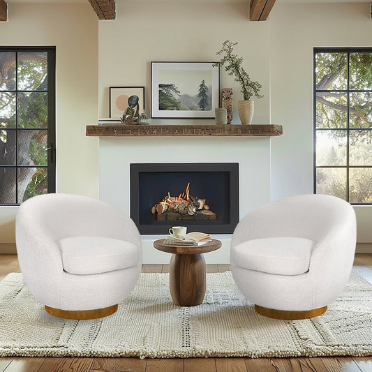 Jessel Shearling Sherpa Swivel Chair with Wood Base in Cream Color