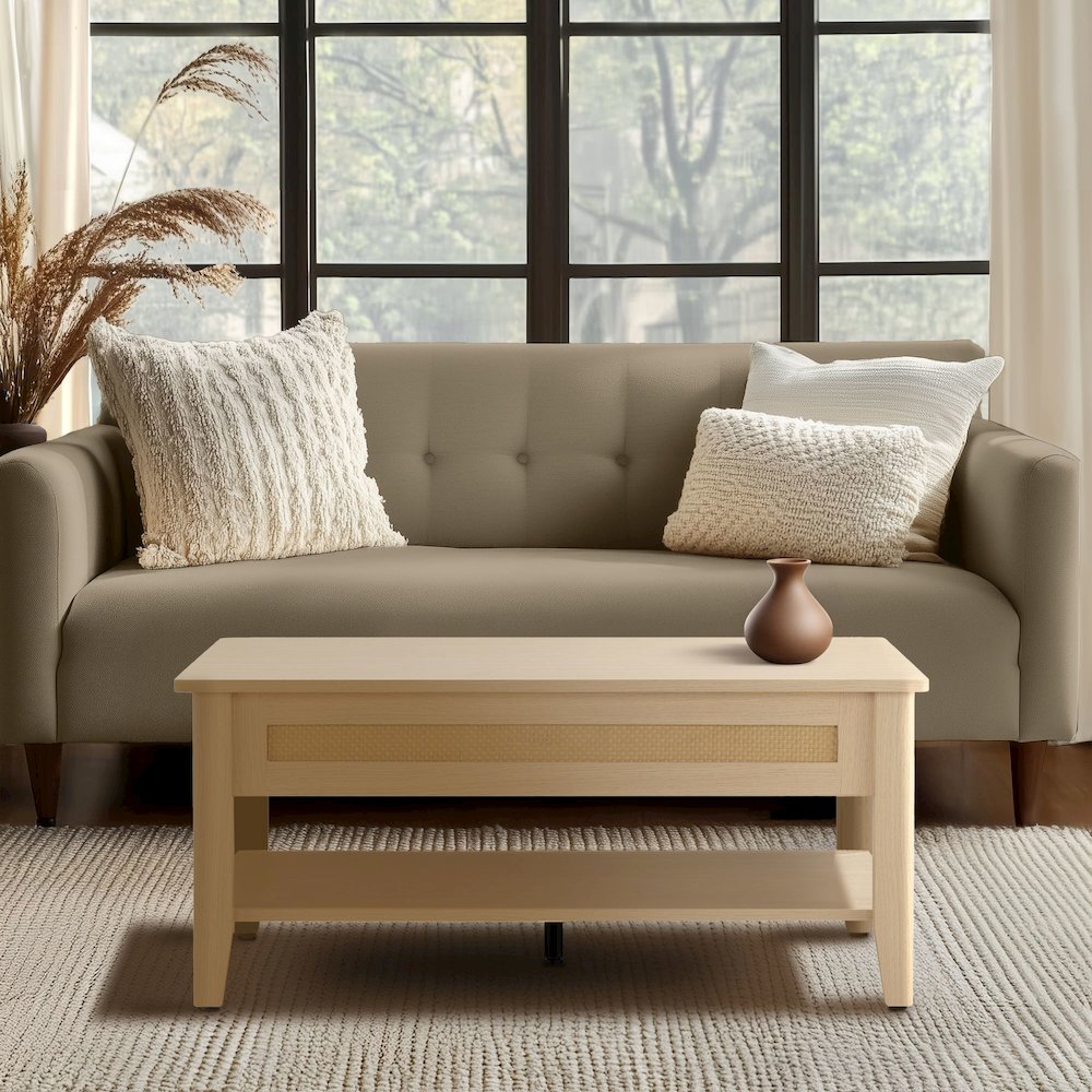 Rattan Lift-Top Coffee Table with Storage & Lower Open Shelf
