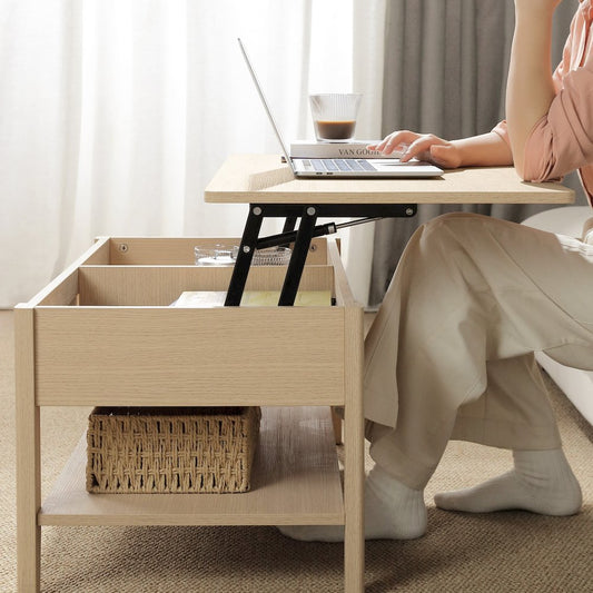 Rattan Lift-Top Coffee Table with Storage & Lower Open Shelf