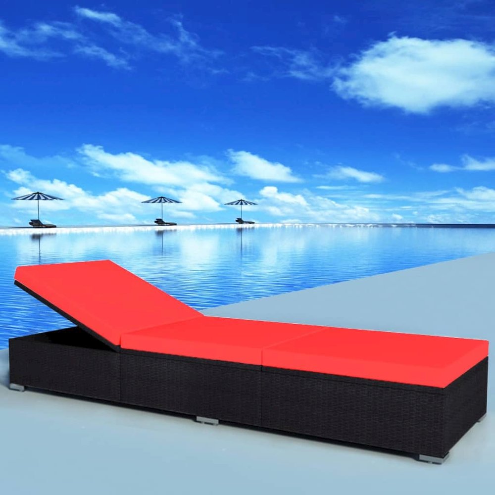 Sun Lounger Black Red PE Rattan, Powder-Coated Steel, Polyester