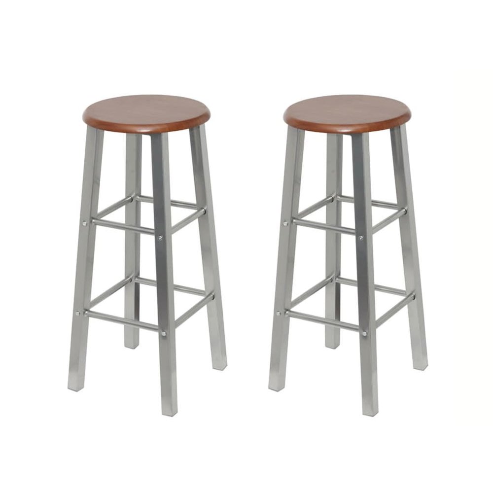 Bar Stool Set of 2 Brown and Silver Steel Frame with MDF Seat