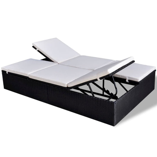 Sun Lounger Black PE Rattan Double Removable Covers Sun Lounger