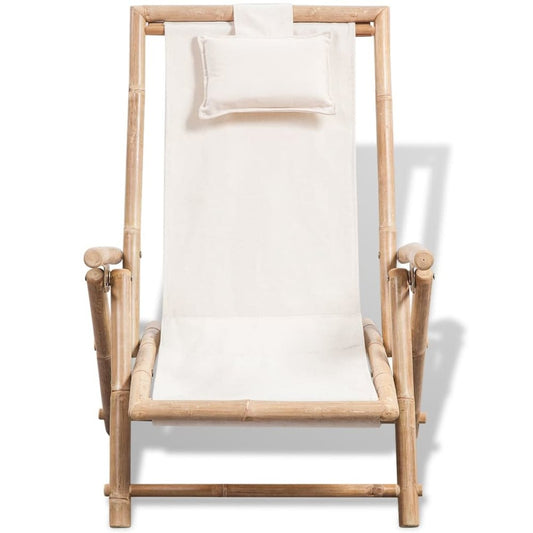Sun Lounger White Bamboo, Canvas Standard Foldable Sun Lounger