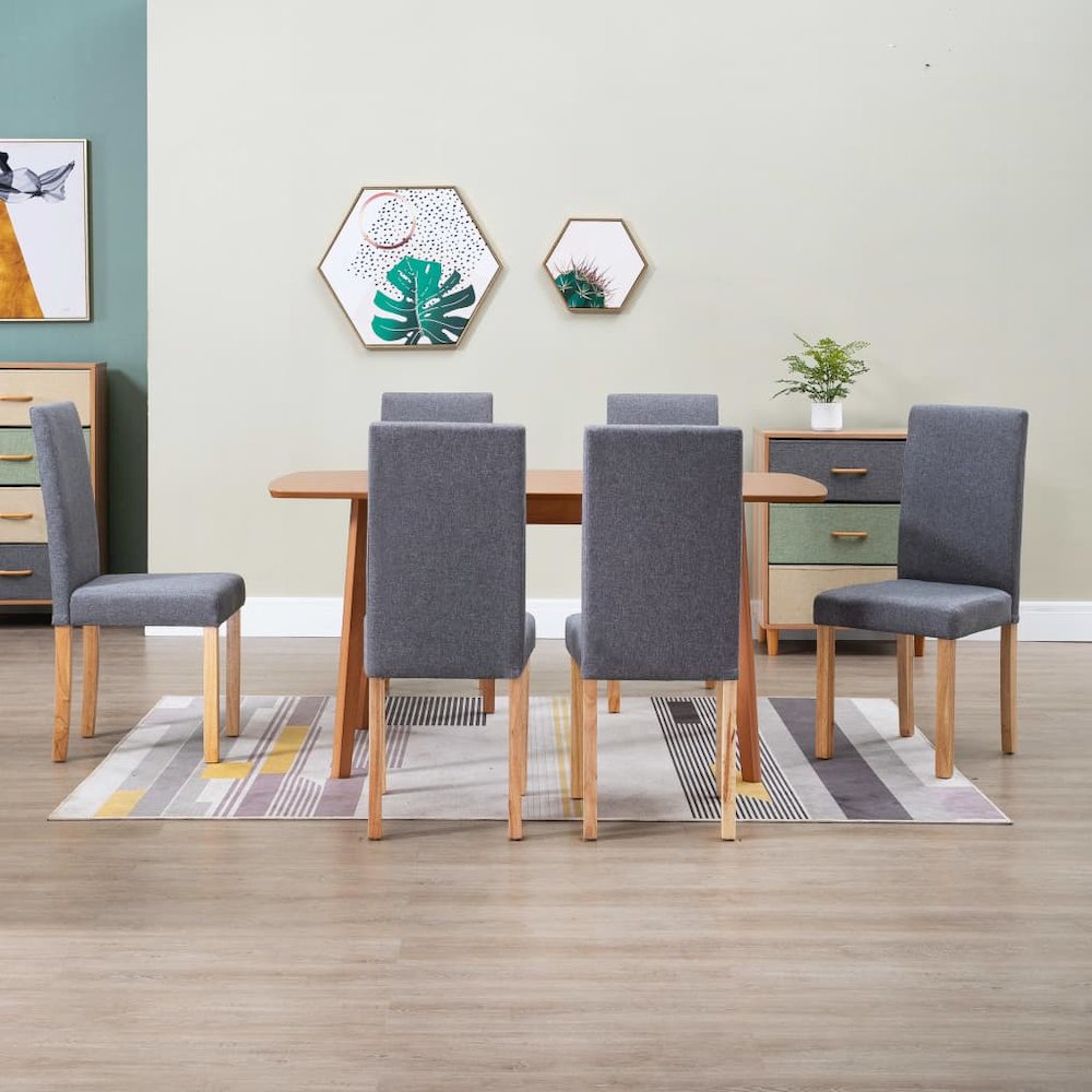 Dining Chair Set of 6 Light Grey Fabric and Rubber wood