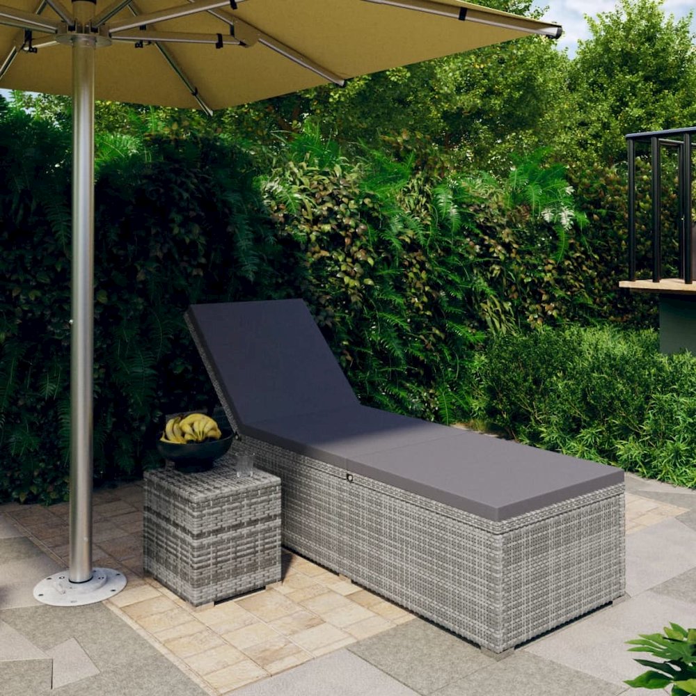vidaXL Sun Lounger with Cushion and Tea Table Poly Rattan Gray, 46227