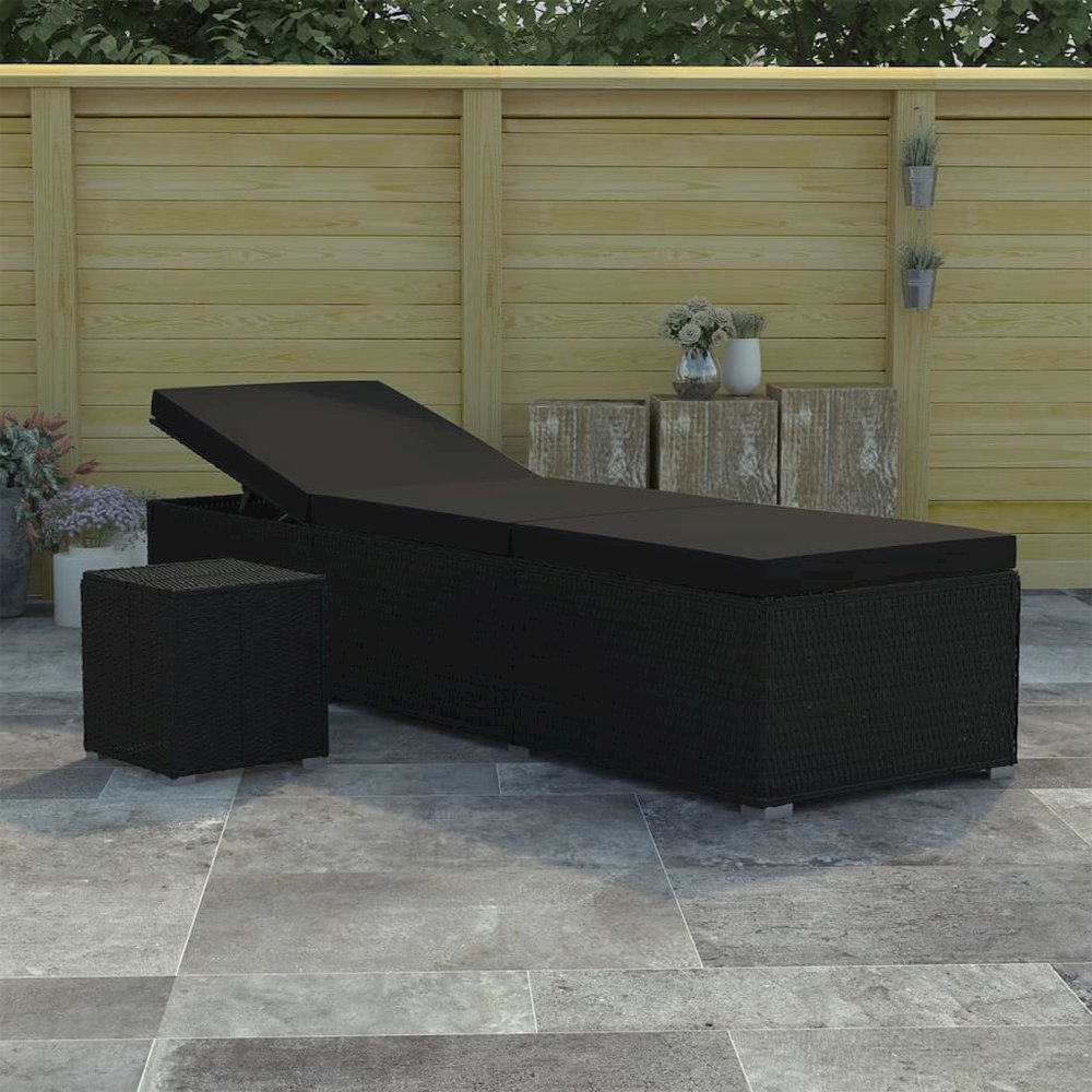 vidaXL Sun Lounger with Cushion and Tea Table Poly Rattan Black, 46228