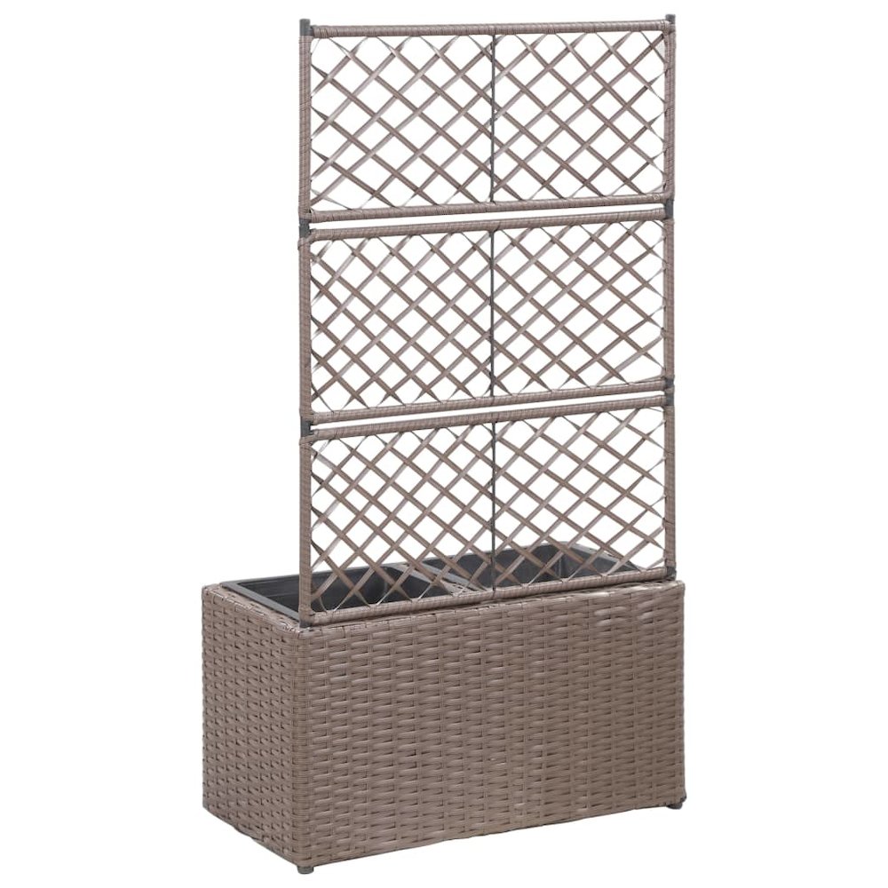 vidaXL Trellis Raised Bed with 2 Pots 22.8"x11.8"x42.1" Poly Rattan Brown, 46937