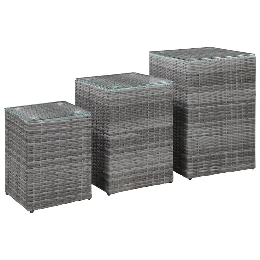 vidaXL Side Tables 3 pcs with Glass Top Gray Poly Rattan, 46985