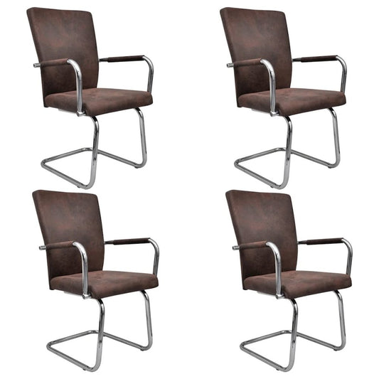 Dining Chair Set of 4 Brown Faux suede leather, Powder-coated iron