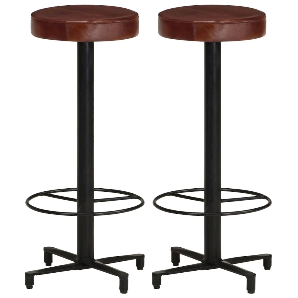 Bar Stool Set of 2 Brown, Black Real leather, Powder-coated iron