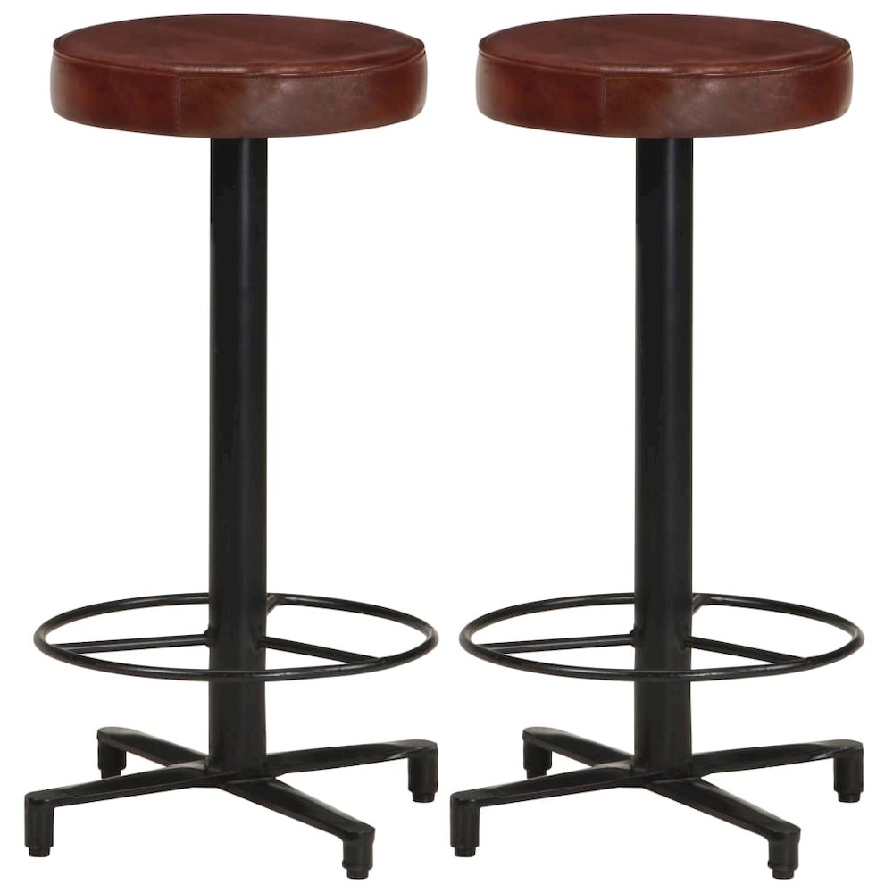 Bar Stool Set of 2 Brown, Black Real Leather, Powder-Coated Iron
