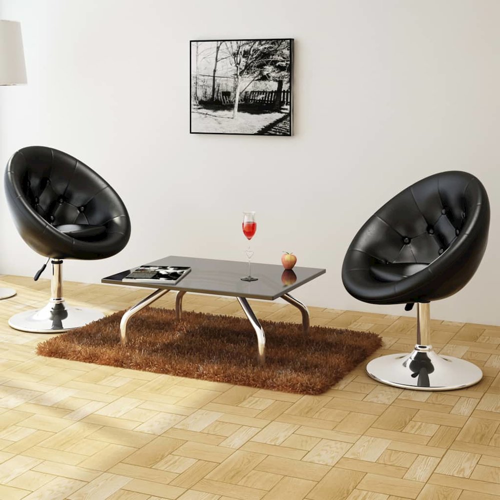 Stool Set of 2 Black Faux leather, Steel Adjustable