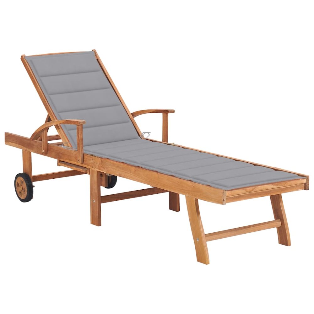 Sun Lounger Grey Solid Teak Wood Standard Multi-Position Backrest