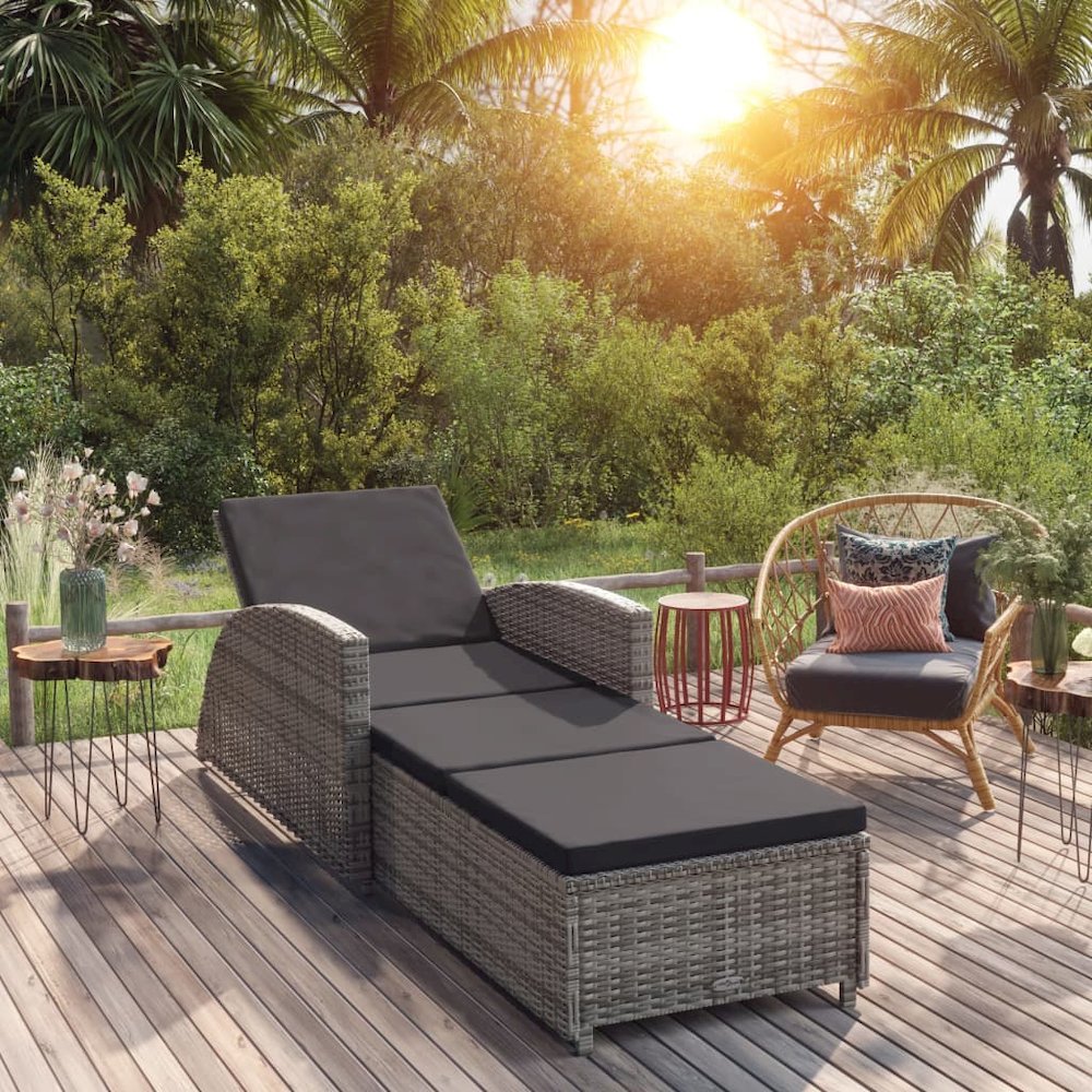 Sun Lounger Grey, Dark grey PE rattan, Powder-coated steel, Fabric