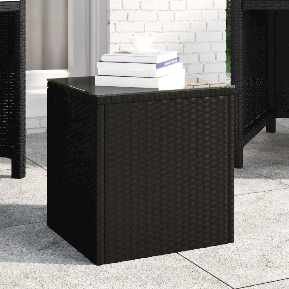 Side Table Black 15.7"x14.6"x15.9" Poly Rattan and Tempered Glass